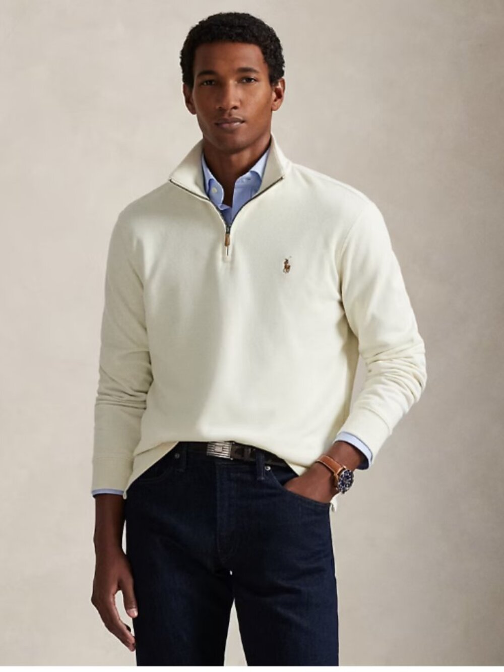 Ralph Lauren Cream Zip-Neck Pullover with Polo Logo